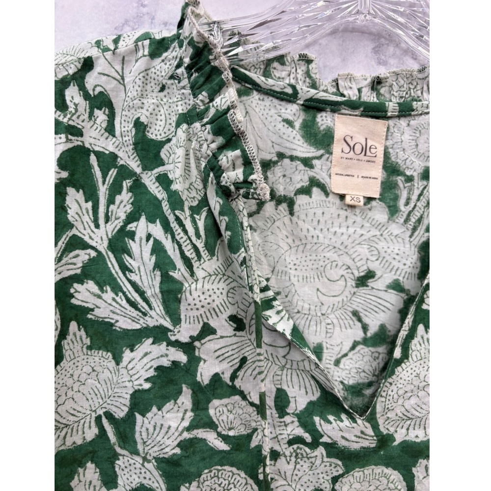 Sole India Green White Block Print Puff Sleeve Boho Peasant Blouse Cotton XS - Picture 7 of 7